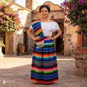 Traditional Mexican Sarape Dress Set, 3 Piece Outfit with Blouse, Skirt & Rebozo